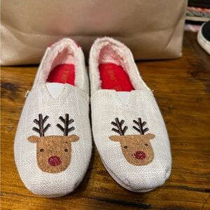 TOMS Sparkle Fuzzy Alpargata Slip-On flats featuring embroidered reindeer